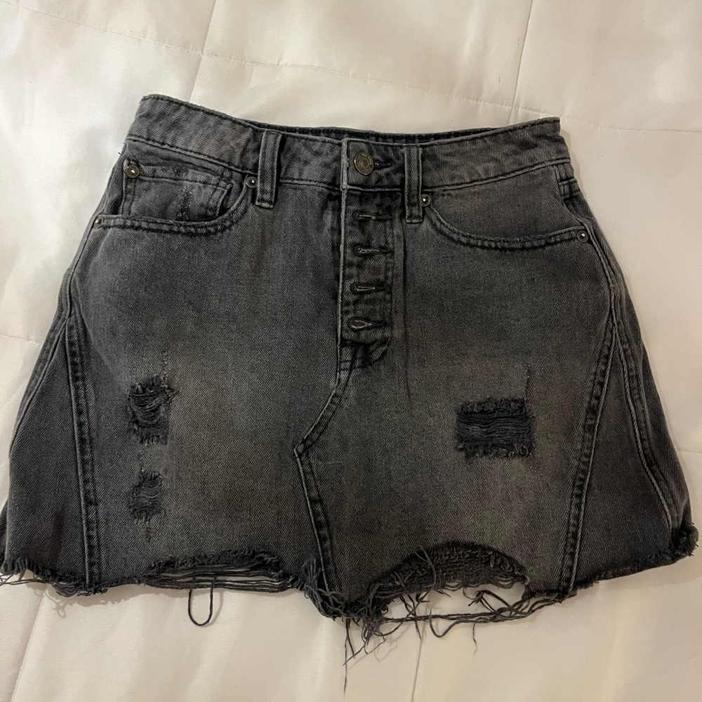 Free People Black Denim Distressed Skirt
